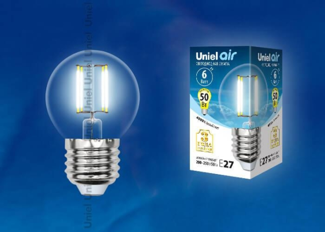 Филаментная лампа E27 6W 4000K (белый) Air Uniel LED-G45-6W-NW-E27-CL GLA01TR (UL-00002208) 