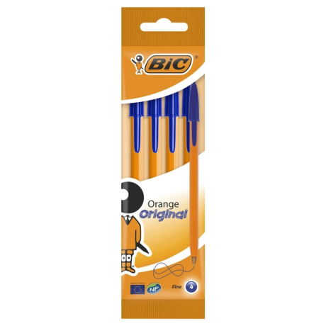Нарушена упаковка!  <375849> Ручки шариковые BIC "Orange Original Fine", НАБОР 4 шт., СИНИЕ, узел 0,8 мм, линия письма 0,3 мм, пакет, 8308521 (141308)