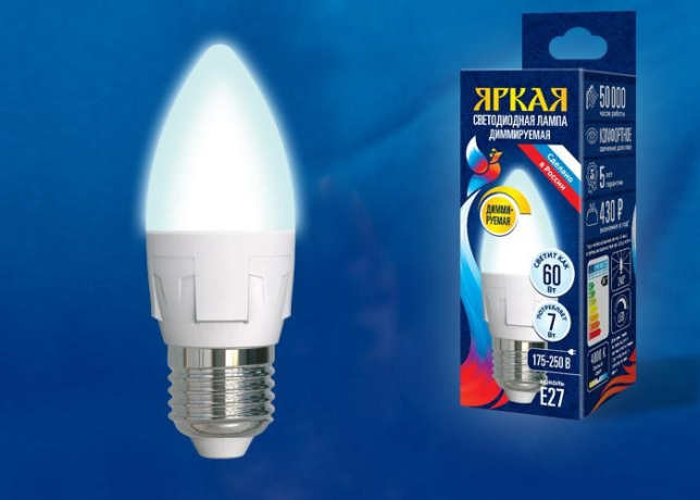 Диммируемая светодиодная лампа E27 7W 4000K (белый) Uniel LED-C37 7W-4000K-E27-FR-DIM PLP01WH (UL-00004295) 