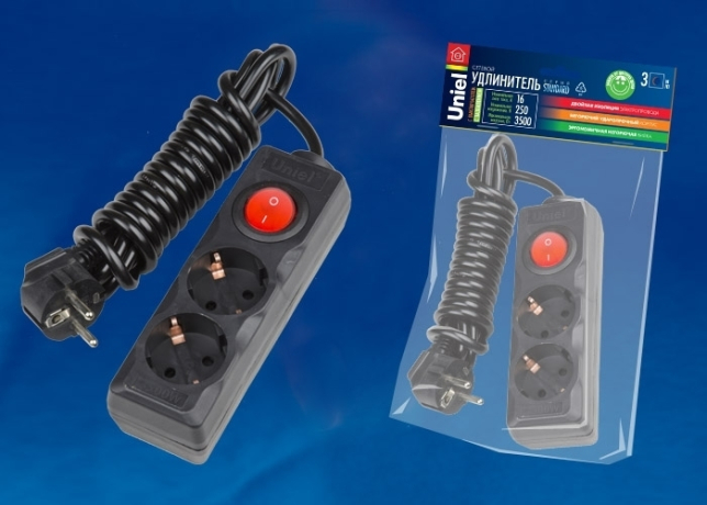 Нарушена упаковка.  <185454> Удлинитель шнур 3м 2 гнезда с/з Uniel Standart  (UL-00003607) S-GCD2-3B BLACK 