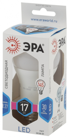 Лампа светодиодная ЭРА E27 17W 4000K матовая LED A60-17W-840-E27 Б0031700 