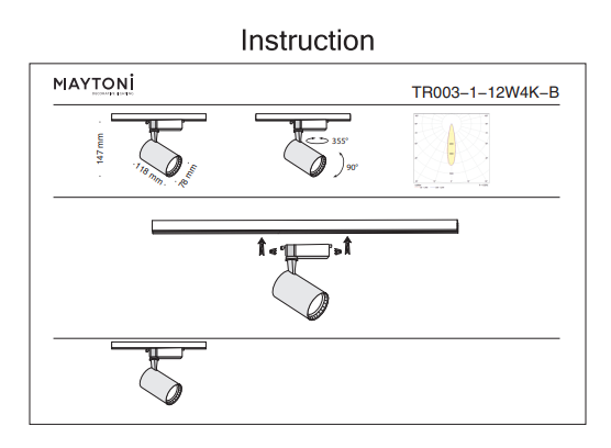 Однофазный LED светильник 12W 4000К для трека Maytoni Track TR003-1-12W4K-B 