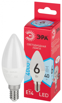 Нарушена упаковка! <299608> Лампочка светодиодная ЭРА RED LINE LED B35-6W-840-E14 R E14 / Е14 6 Вт свеча нейтральный белый свет Б0051057