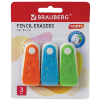 Нарушена упаковка!  <287511> Набор ластиков BRAUBERG "FRUITY" 3 шт., 57х24х15 мм, белые, пластиковый футляр ассорти,  229563