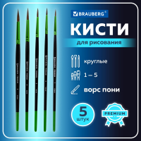 Кисти BRAUBERG PREMIUM, набор 5 шт. (из ворса пони круглые № 1, 2, 3, 4, 5), блистер, 201022 (201022)