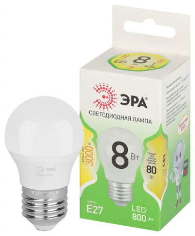 Лампочка светодиодная ЭРА GREEN LINE LED P45-8W-830-E27 GL E27 8 Вт шар теплый свет Б0067023 
