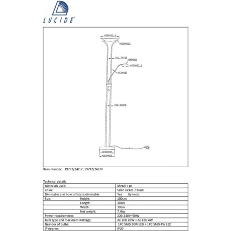 19792/24/30 Торшер светодиодный с диммером Lucide CHAMPION-LED 