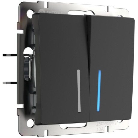 Выключатель проходной двухклавишный с подсветкой без рамки Werkel черный матовый W1122108