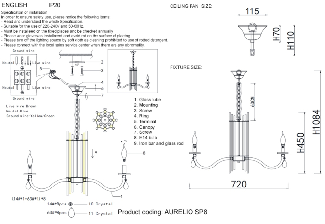 Подвесная люстра Crystal Lux AURELIO SP8 GOLD+CHROME/TRANSPARENT 