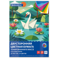 Нарушена упаковка!  <794784> Цветная бумага А4 ТОНИРОВАННАЯ В МАССЕ, 20 листов, 20 цветов, склейка, 80 г/м2, BRAUBERG, 116340