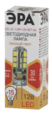 Лампа светодиодная ЭРА G4 1,5W 2700K прозрачная LED JC-1,5W-12V-827-G4 Б0033188 