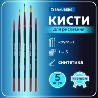 Кисти BRAUBERG PREMIUM, набор 5 шт. (синтетика, круглая № 1, 2, 3, 4, 5), блистер, 201025 (201025)