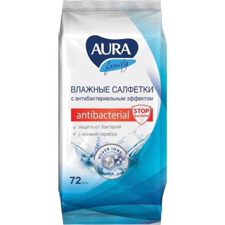 Нарушена упаковка! <200205> Салфетки влажные, 72 шт., AURA "Family", антибактериальные, для всей семьи, 26065, 7044 (127493)