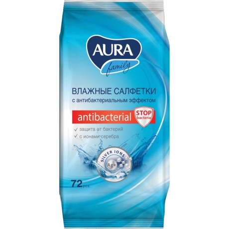 Нарушена упаковка! <200205> Салфетки влажные, 72 шт., AURA "Family", антибактериальные, для всей семьи, 26065, 7044 (127493)