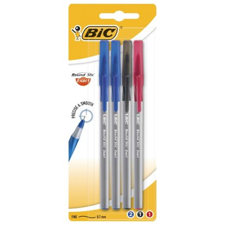 Нарушена упаковка!  <375858> Ручки шариковые с грипом BIC "Round Stic Exact", НАБОР 4 шт./3 ЦВЕТА (синий, черный, красный), линия письма 0,28 мм, блистер, 932858 (143979)