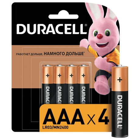 Нарушена упаковка! <302245> Батарейки КОМПЛЕКТ 4 шт., DURACELL Basic, AAA (LR03, 24А), алкалиновые, мизинчиковые, блистер, MN 2400 AAA LR3 (450403)