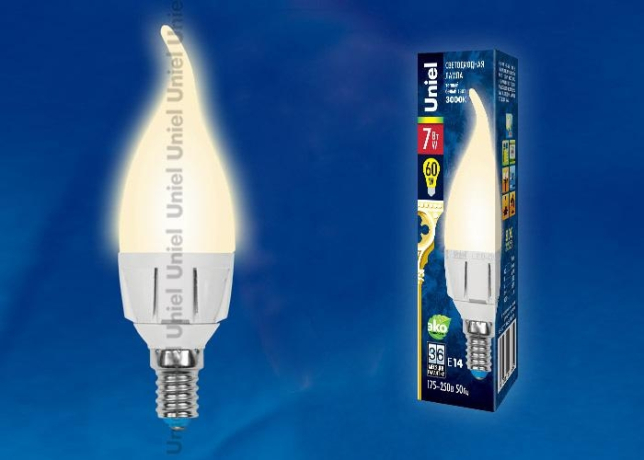 Светодиодная лампа E14 7W 3000K (теплый) Uniel LED-CW37 7W-WW-E14-FR PLP01WH (UL-00002416) 
