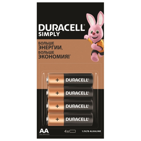Нарушена упаковка! <302339> Батарейки КОМПЛЕКТ 4 шт. (отрывной блок), DURACELL Simply, AA (LR06, 15А), алкалиновые, пальчиковые, 5009139 (455043)
